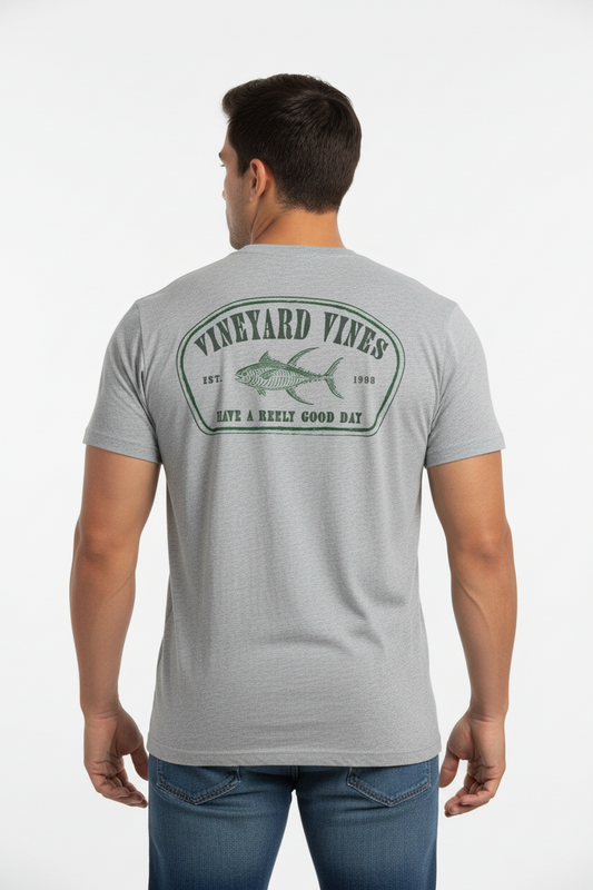 Camiseta cuello redondo Vineyard Vines 🐳 color gris claro con Diseño de Pescado Talla L