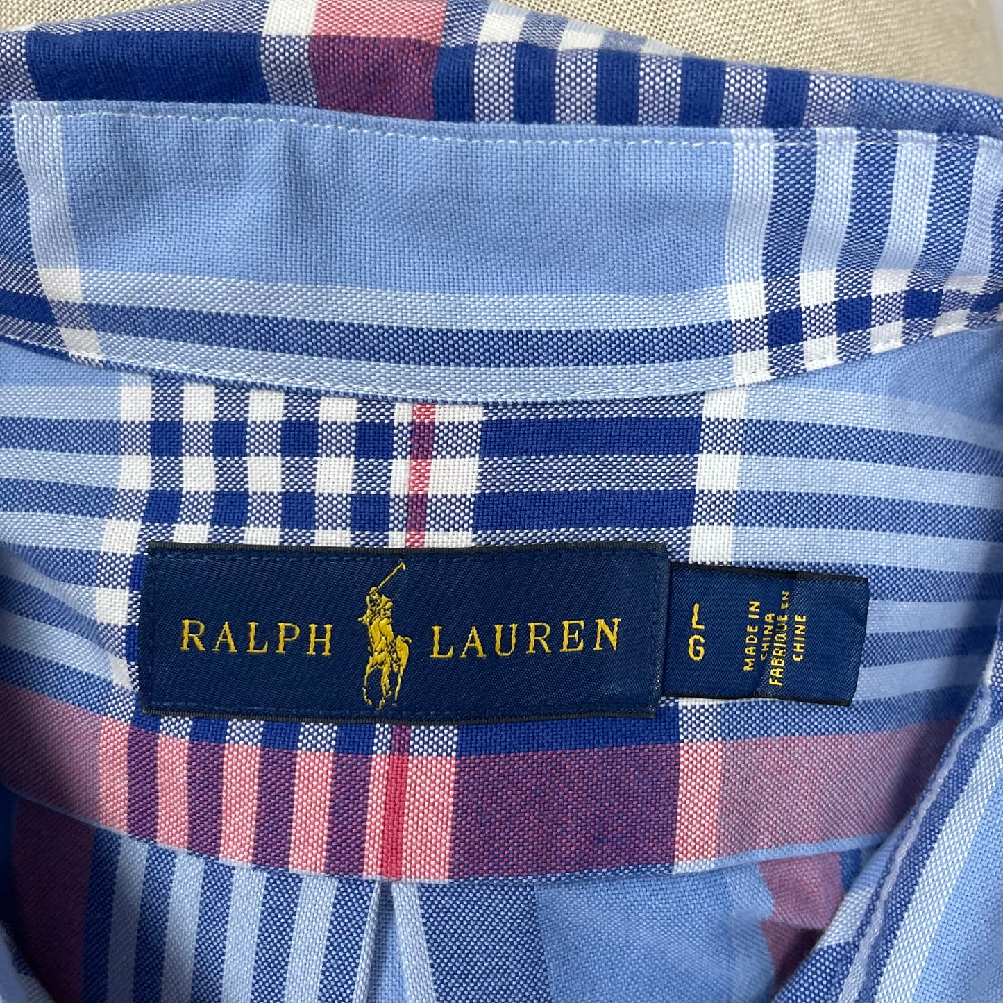 Camisa Polo Ralph Lauren 🏇🏼 Oxford con patron de cuadros tartán en color celeste, azul y rosado Talla L Entalle Regular