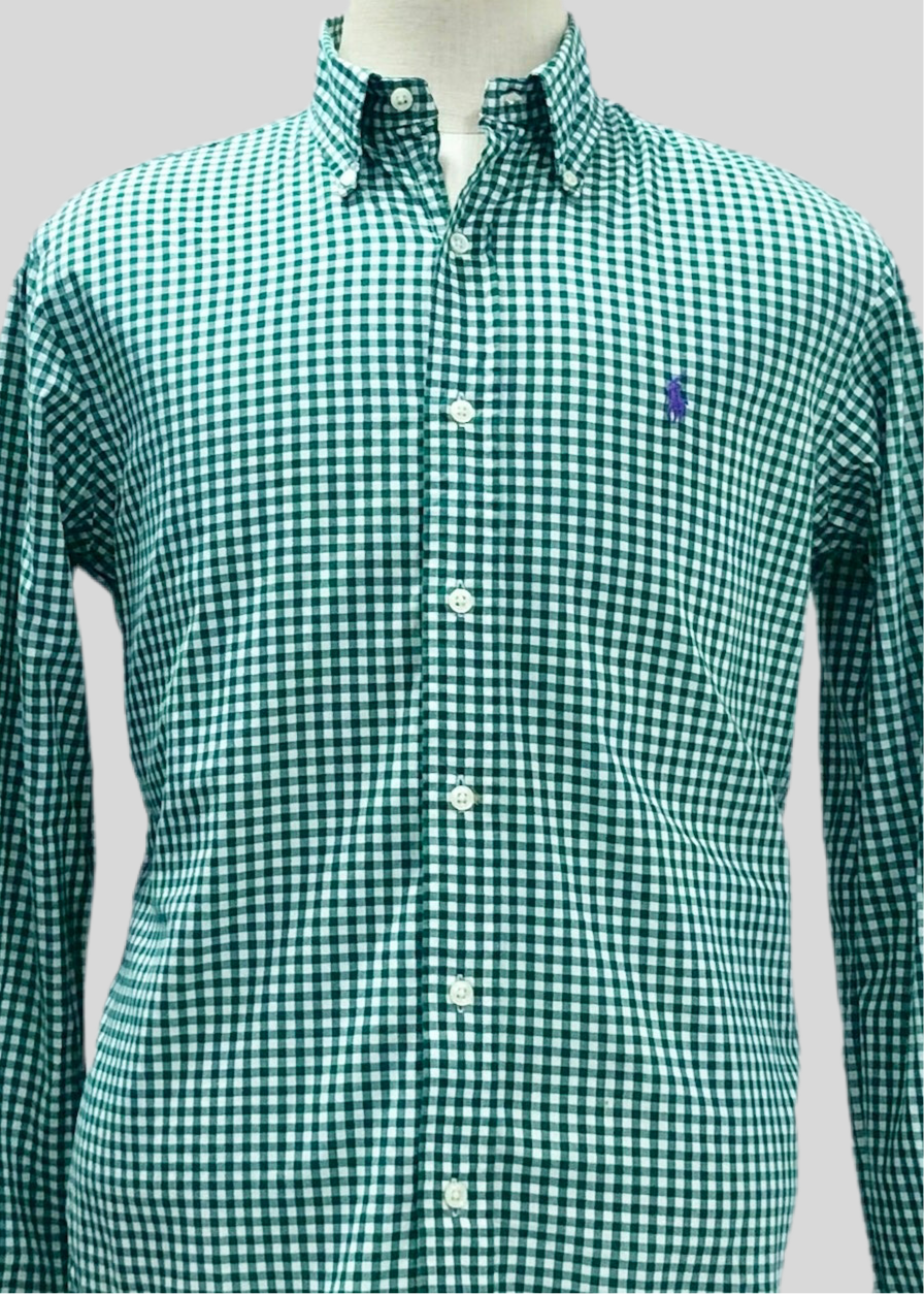Camisa Polo Ralph Lauren 🏇🏼 con patrón de cuadros gingham verde oscuro y blanco Talla M Entalle Clasico