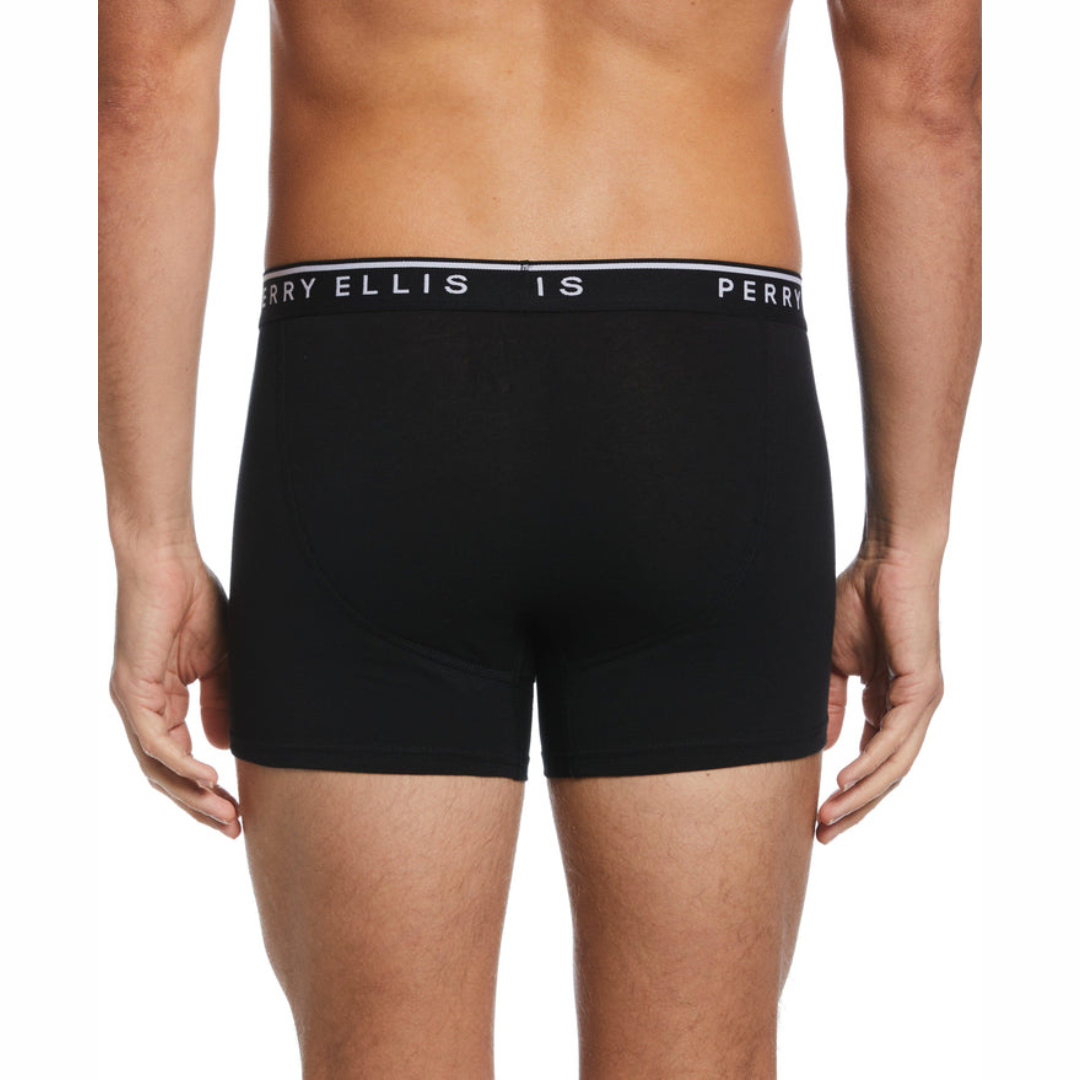 Paquete de 4 Boxer Perry Ellis Tela de microfibra con patrón en color negro, gris, rojo y celeste Talla M