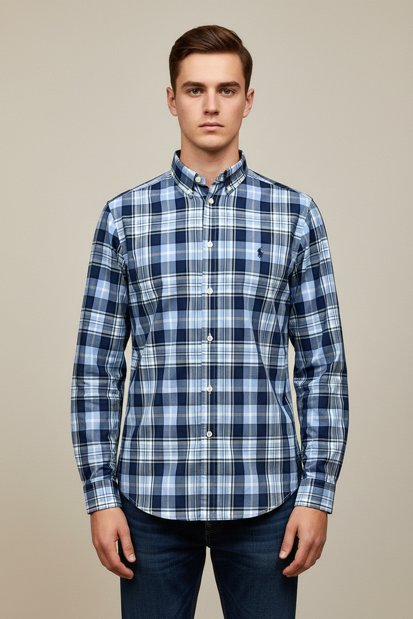 Camisa Polo Ralph Lauren 🏇🏼 con patron de cuadros en azul, celeste y blanco Talla XL de niño Entalle Regular