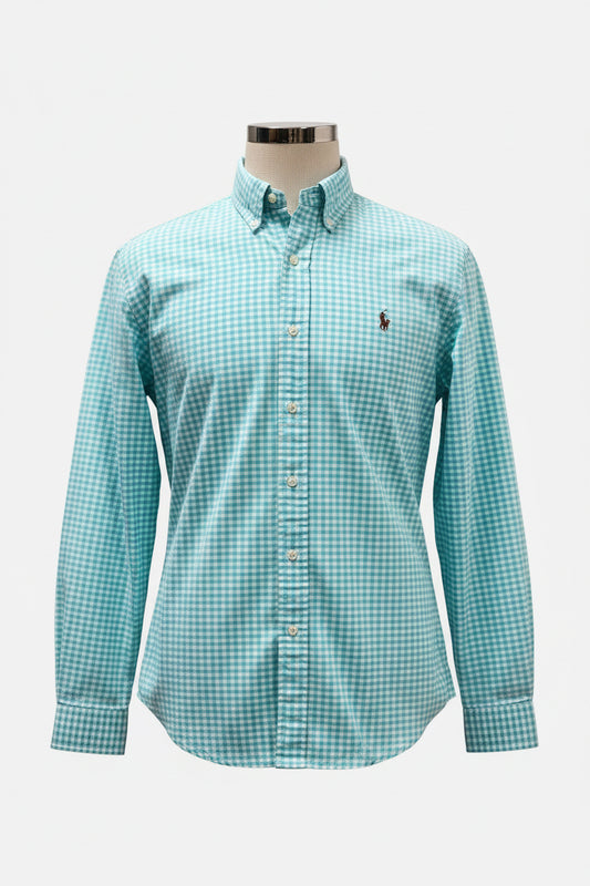 Camisa de botones Polo Ralph Lauren 🏇🏼 Oxford de cuadros gingham turquesa y blanco Talla L Entalle Regular (ver descripción)