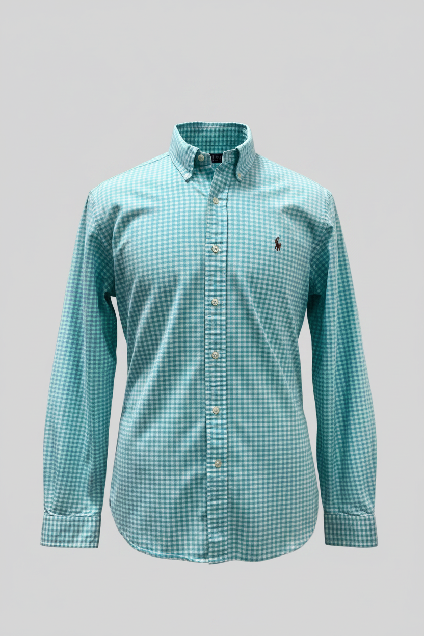 Camisa de botones Polo Ralph Lauren 🏇🏼 Oxford de cuadros gingham turquesa y blanco Talla L Entalle Regular (ver descripción)
