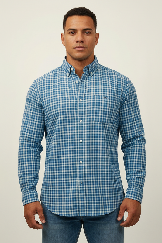 Camisa de botones Vineyard Vines 🐳 de cuadros en color azul y celeste Talla L Entalle Clásico