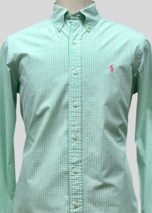 Camisa Polo Ralph Lauren 🏇🏼 con patrón de cuadros gingham verde claro y blanco Talla M Entalle Regular