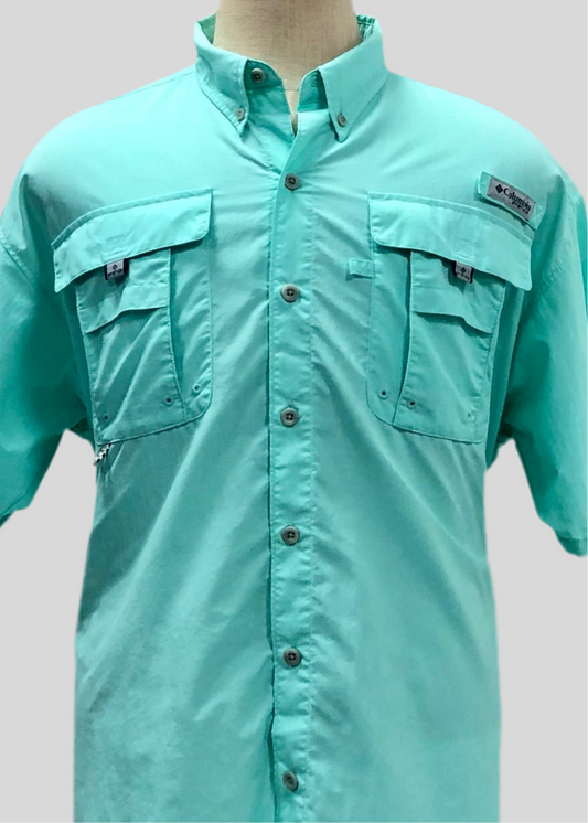 Camisa de botones Columbia 🔹color turquesa claro con Omni Shade Manga corta Talla L (ver descripción)