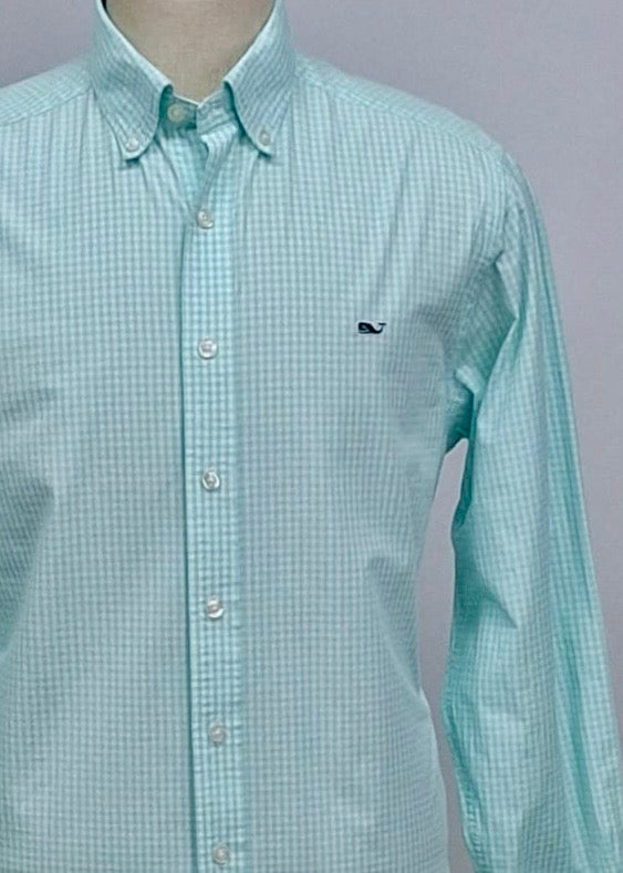 Camisa de botones Vineyard Vines 🐳 con patrón de cuadros gingham en color turquesa claro y blanco Talla M Entalle Slim Fit (ver descripción)