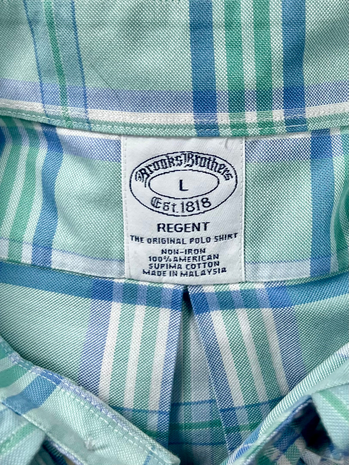 Camisa de botones Brooks Brothers 🐑 de cuadros en verde claro y azul Talla L Entalle Regular
