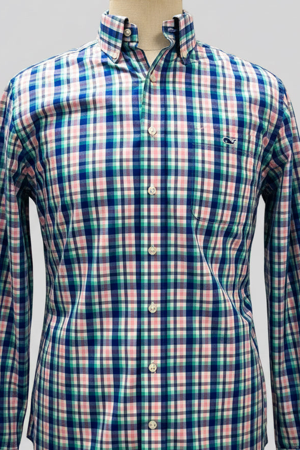 Camisa de botones Vineyard Vines 🐳 de cuadros en color azul, turquesa, rosado y blanco Talla M Entalle Slim Fit