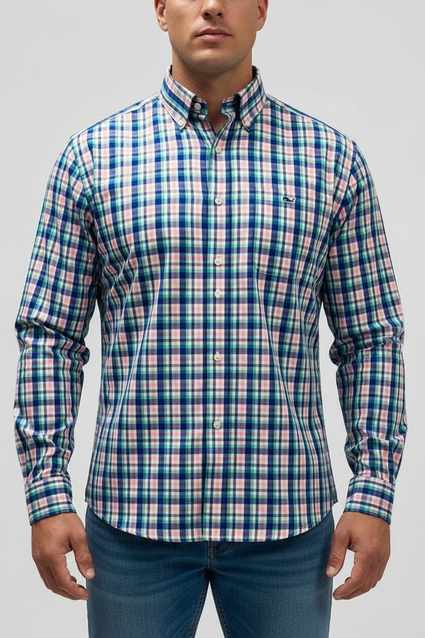 Camisa de botones Vineyard Vines 🐳 de cuadros en color azul, turquesa, rosado y blanco Talla M Entalle Slim Fit
