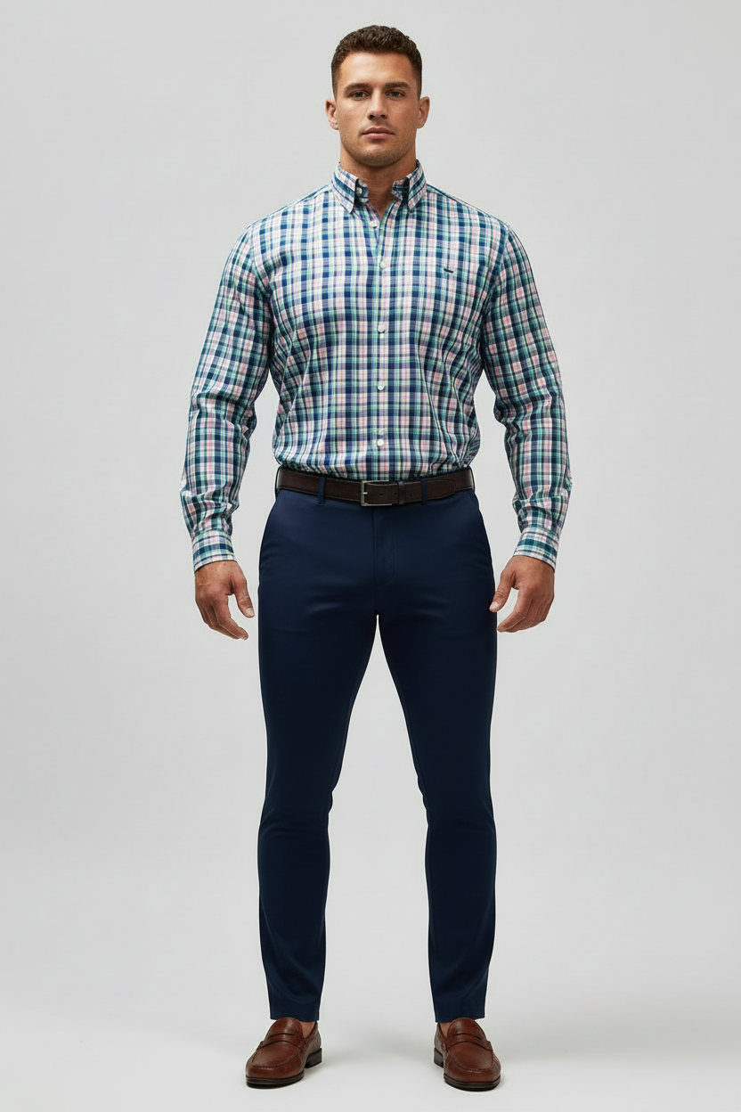 Camisa de botones Vineyard Vines 🐳 de cuadros en color azul, turquesa, rosado y blanco Talla M Entalle Slim Fit