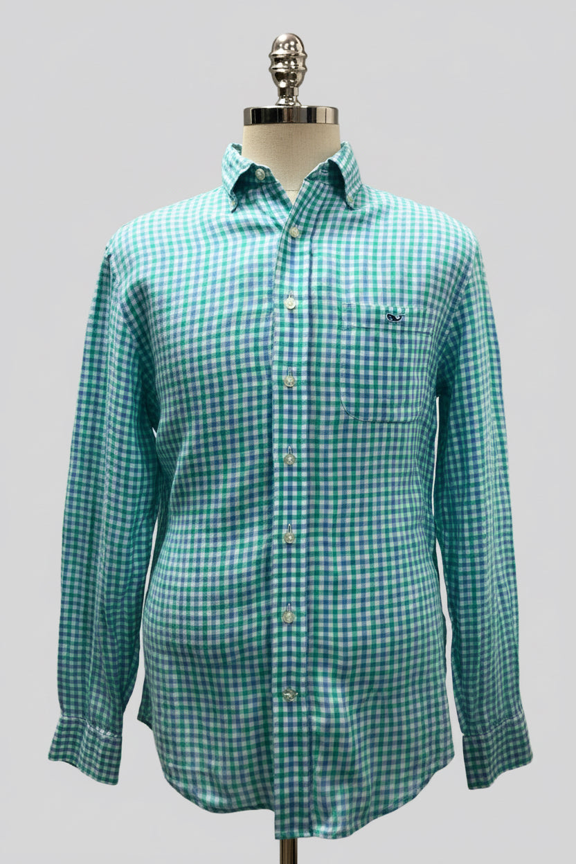 Camisa de botones Vineyard Vines 🐳 De Lino color blanco de cuadros en celeste y turquesa Talla M Entalle Clásico