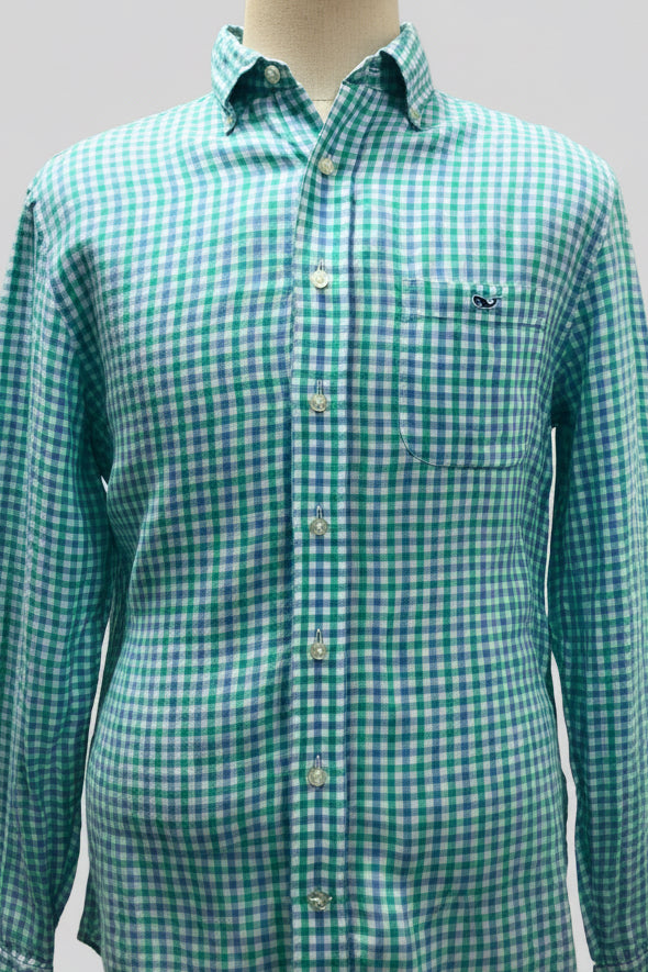 Camisa de botones Vineyard Vines 🐳 De Lino color blanco de cuadros en celeste y turquesa Talla M Entalle Clásico