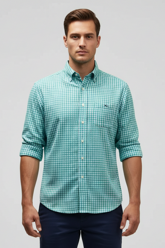Camisa de botones Vineyard Vines 🐳 De Lino color blanco de cuadros en celeste y turquesa Talla M Entalle Clásico