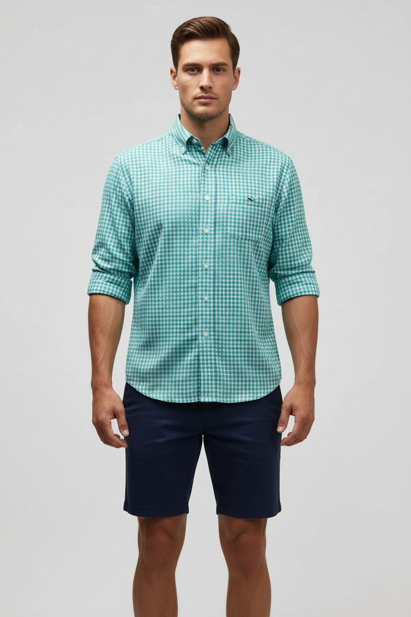 Camisa de botones Vineyard Vines 🐳 De Lino color blanco de cuadros en celeste y turquesa Talla M Entalle Clásico