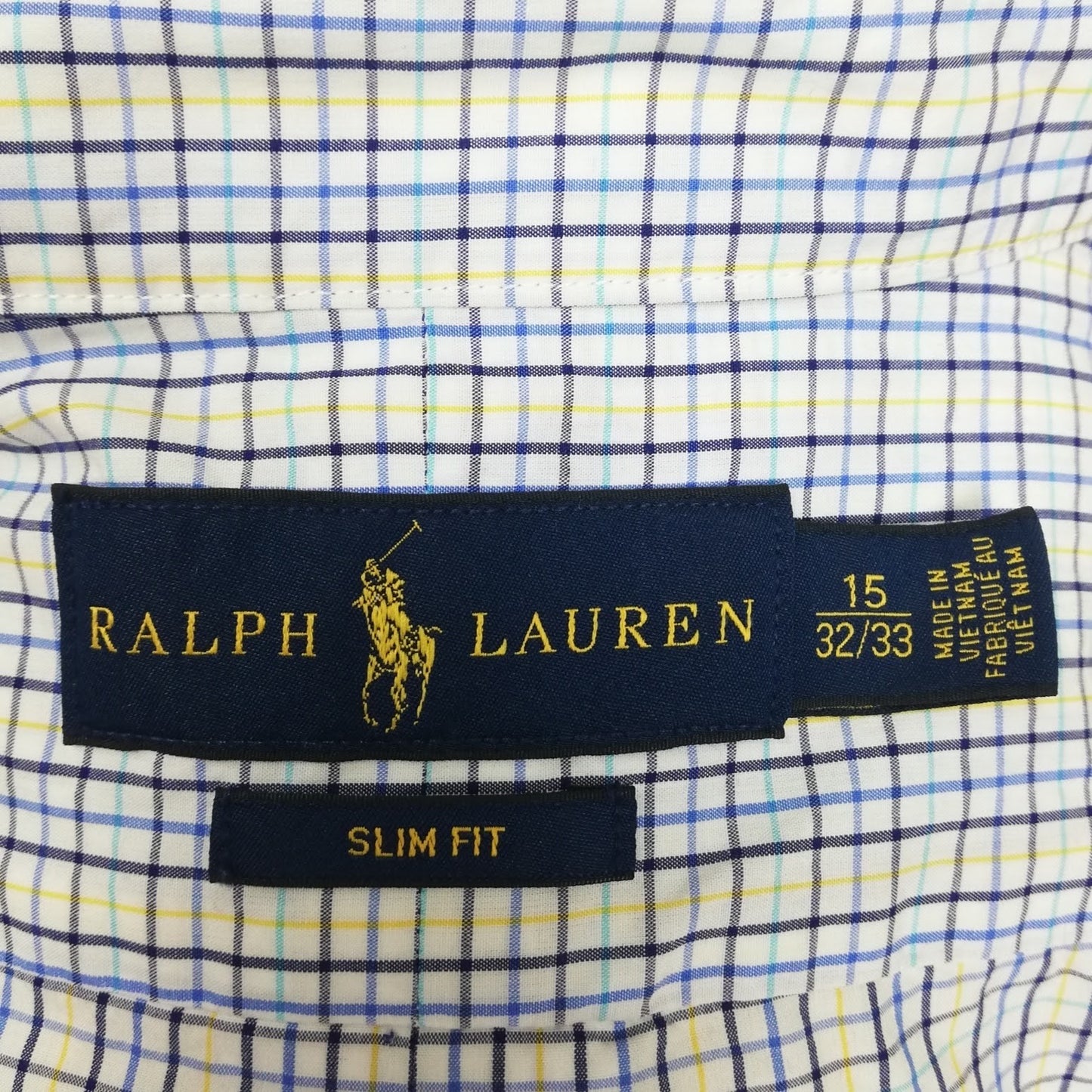 Camisa Polo Ralph Lauren 🏇🏼 color blanco con patrón de cuadros amarillo, azul y negro Talla M Entalle Slim Fit
