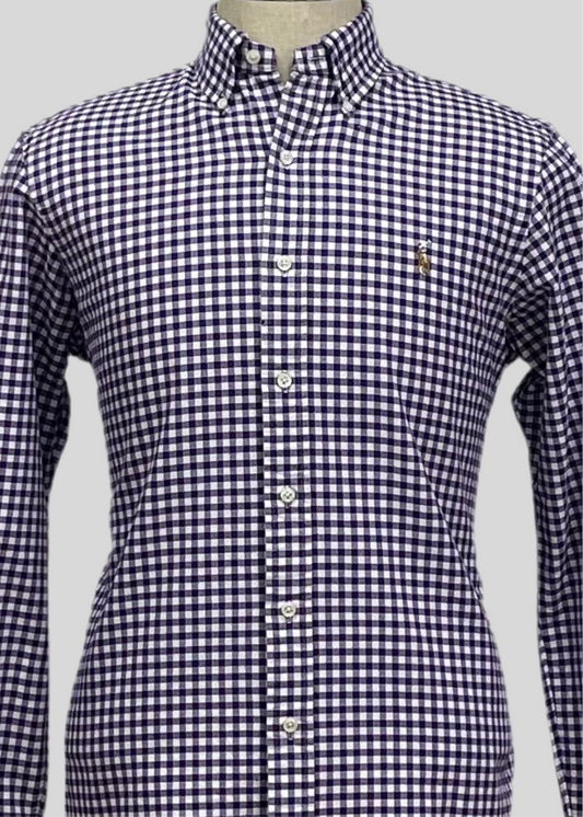 Camisa Polo Ralph Lauren 🏇🏼 Oxford color blanco con cuadros morado Talla XL Entalle Regular