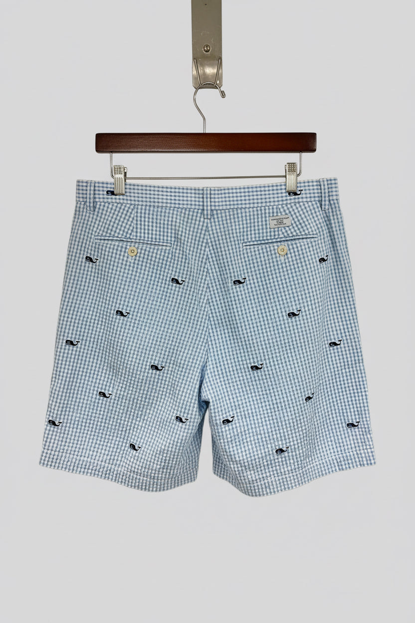 Short Casual Vineyard Vines 🐳 Seersucker con diseño de logos y cuadros celeste y blancos talla 34