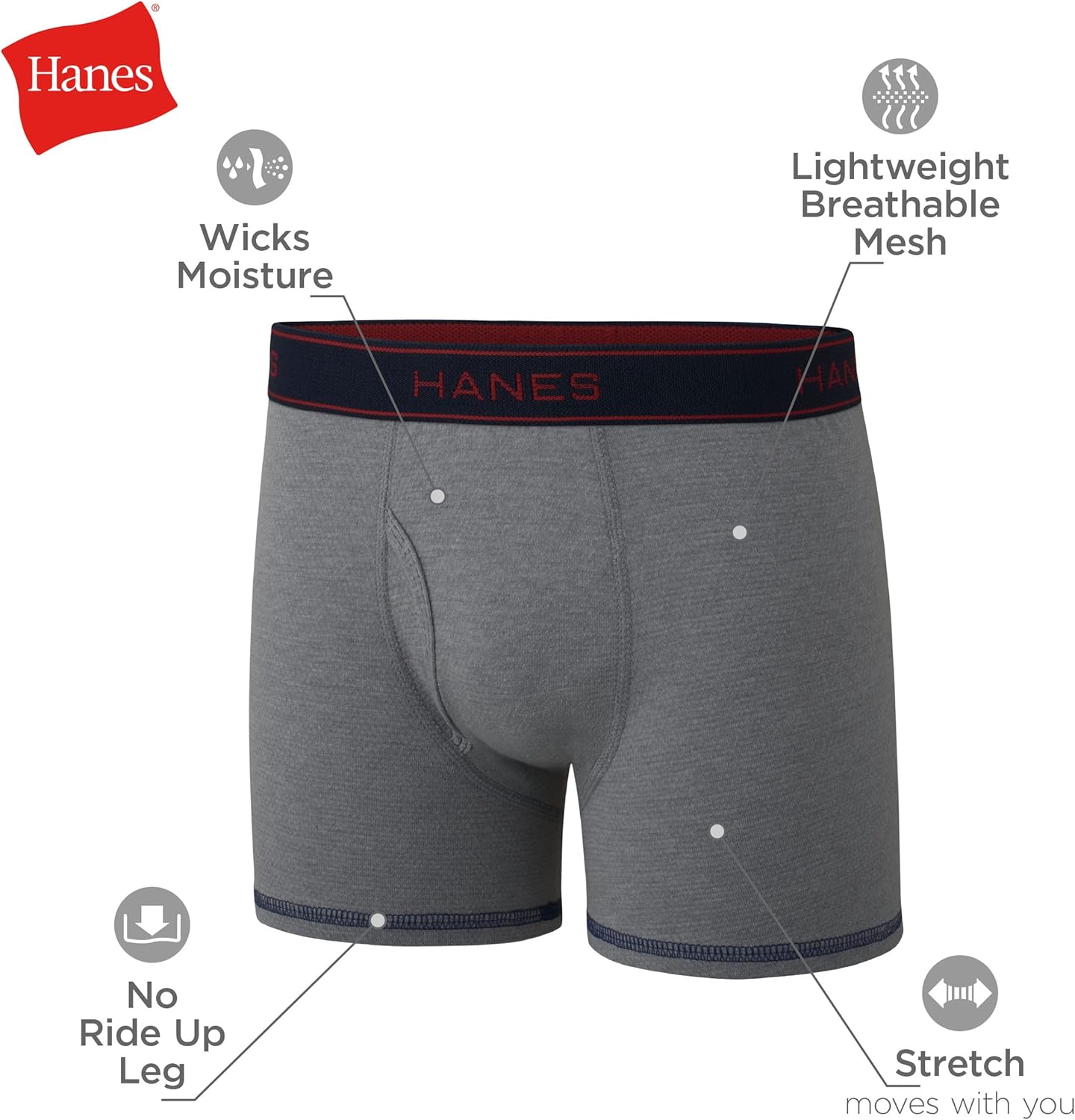 Paquete de 3 Calzoncillos tipo Boxer Hanes de Tela soft en color rojo, gris y celeste - en Talla XL