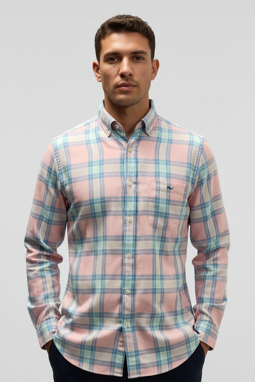 Camisa de botones Vineyard Vines 🐳 De Lino color rosado con patrón de cuadros en azul y blanco Talla M Entalle Clásico