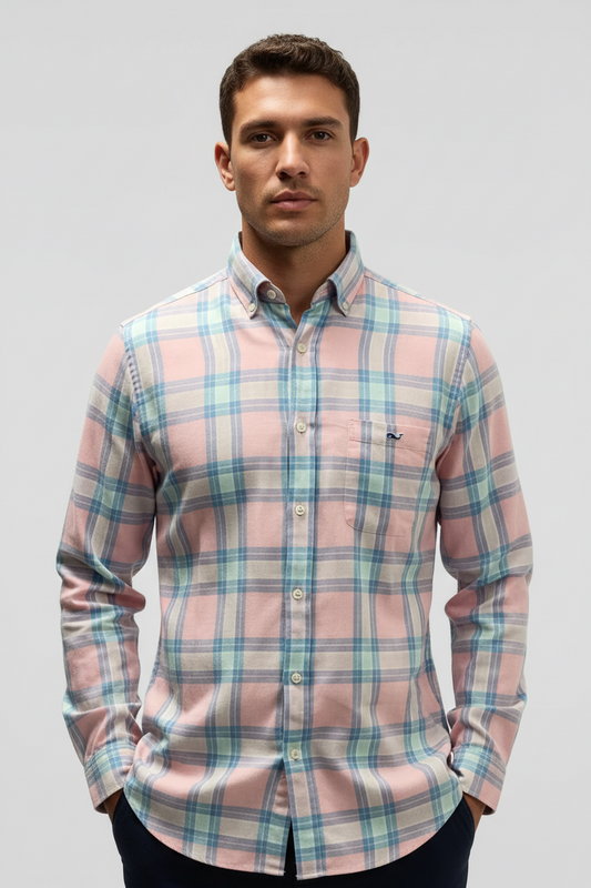Camisa de botones Vineyard Vines 🐳 De Lino color rosado con patrón de cuadros en azul y blanco Talla M Entalle Clásico