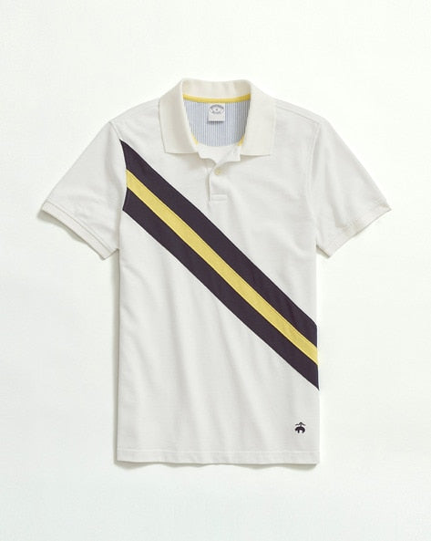 Camiseta Polo Brooks Brothers 🐑 color blanco con franjas en azul y amarillo Talla M Entalle Slim Fit