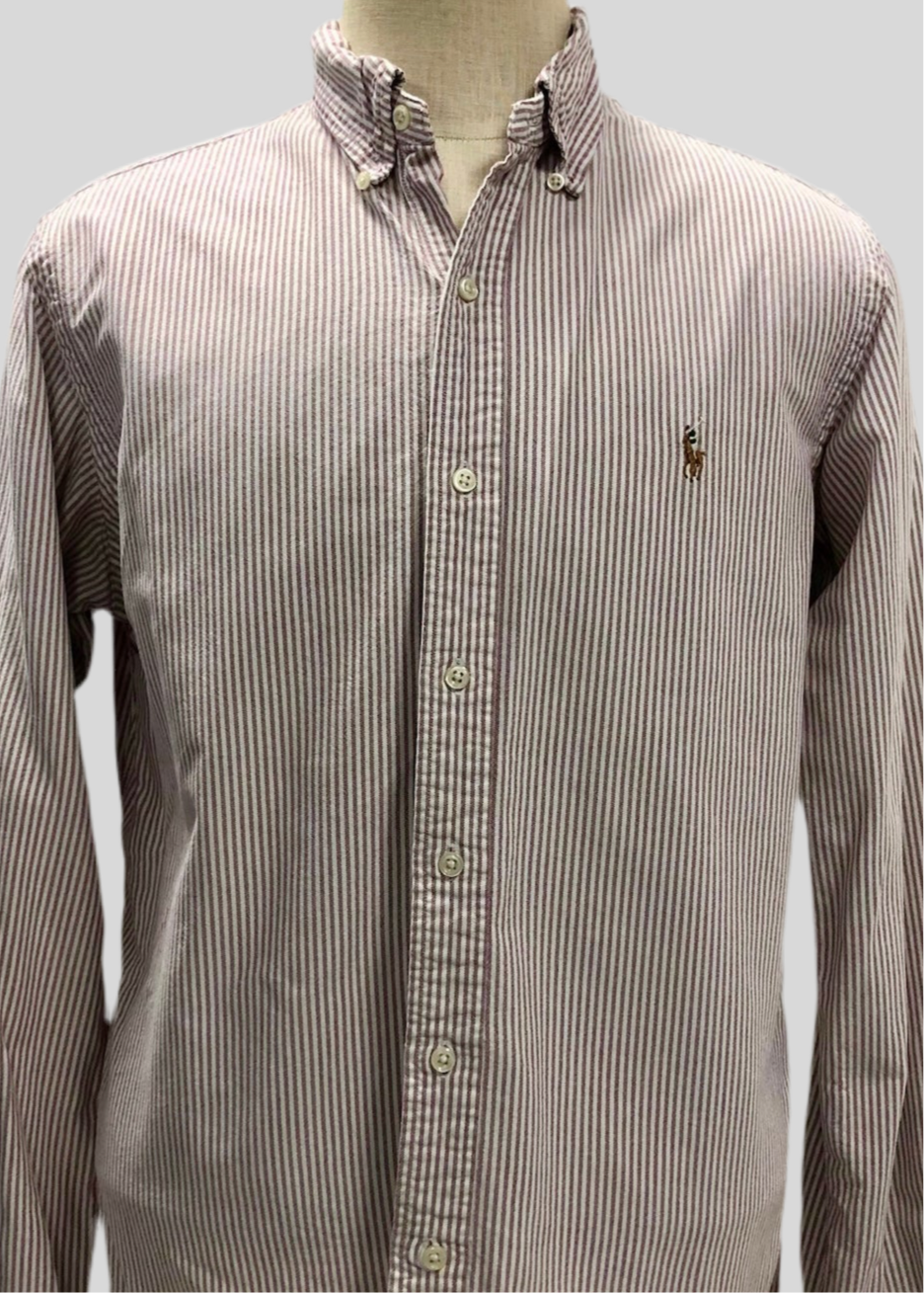 Camisa de botones Polo Ralph Lauren 🏇🏼 Oxford color blanco con rayas en rosado oscuro Talla L Entalle Custom Fit