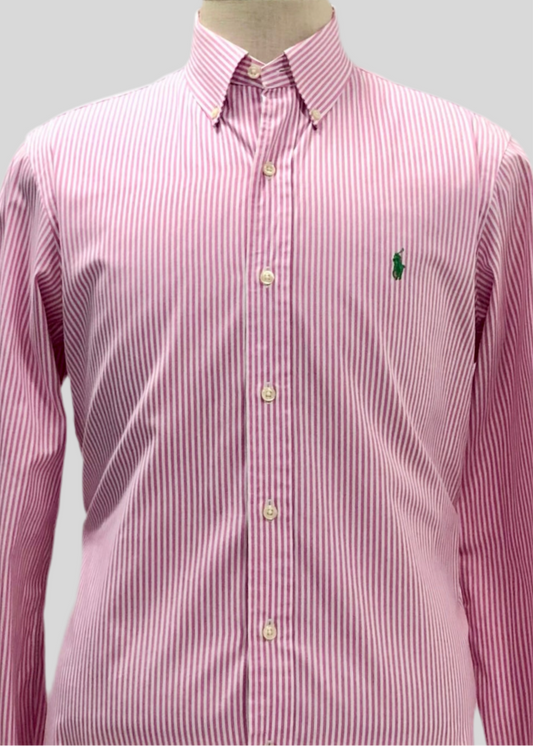Camisa de botones Polo Ralph Lauren 🏇🏼 Con patron de rayas en color rosado y blanco Talla M Entalle Regular