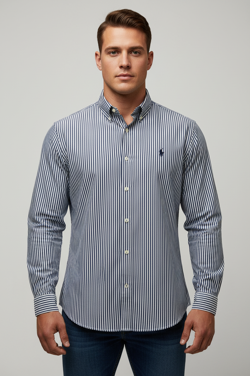 Camisa Polo Ralph Lauren 🏇🏼 Performance color blanco de rayas en azul navy Talla L Entalle Slim Fit