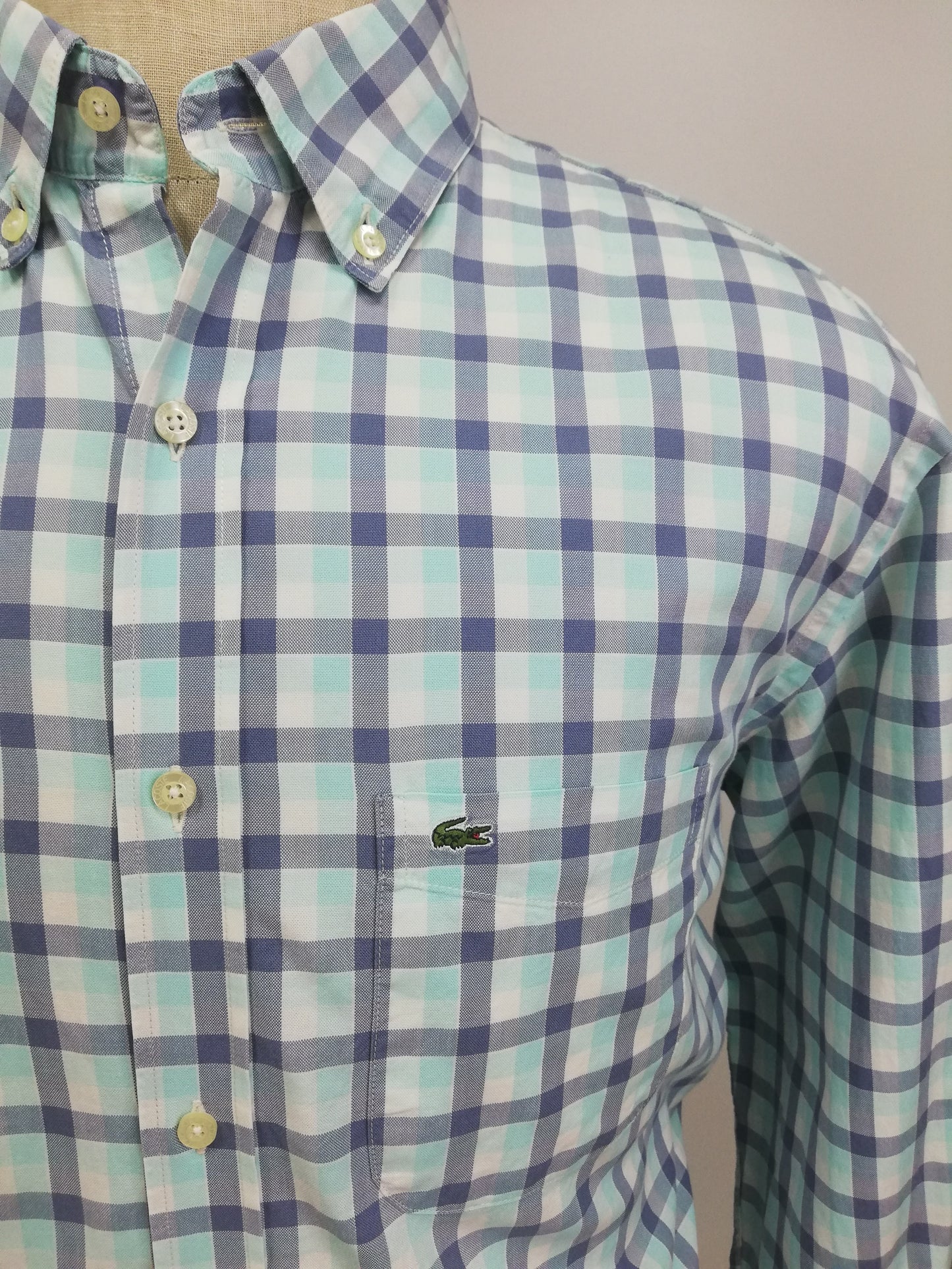 Camisa de botones Lacoste 🐊 con patron de cuadros en azul, turquesa y blanco Talla L Entalle Regular (ver descripción)