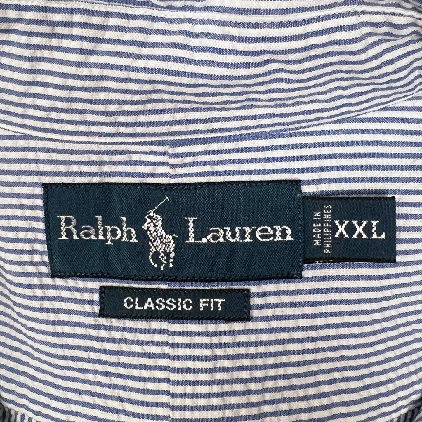 Camisa Polo Ralph Lauren 🏇🏼 Seersucker Color blanco con rayas en celeste Talla XXL Entalle Clásico