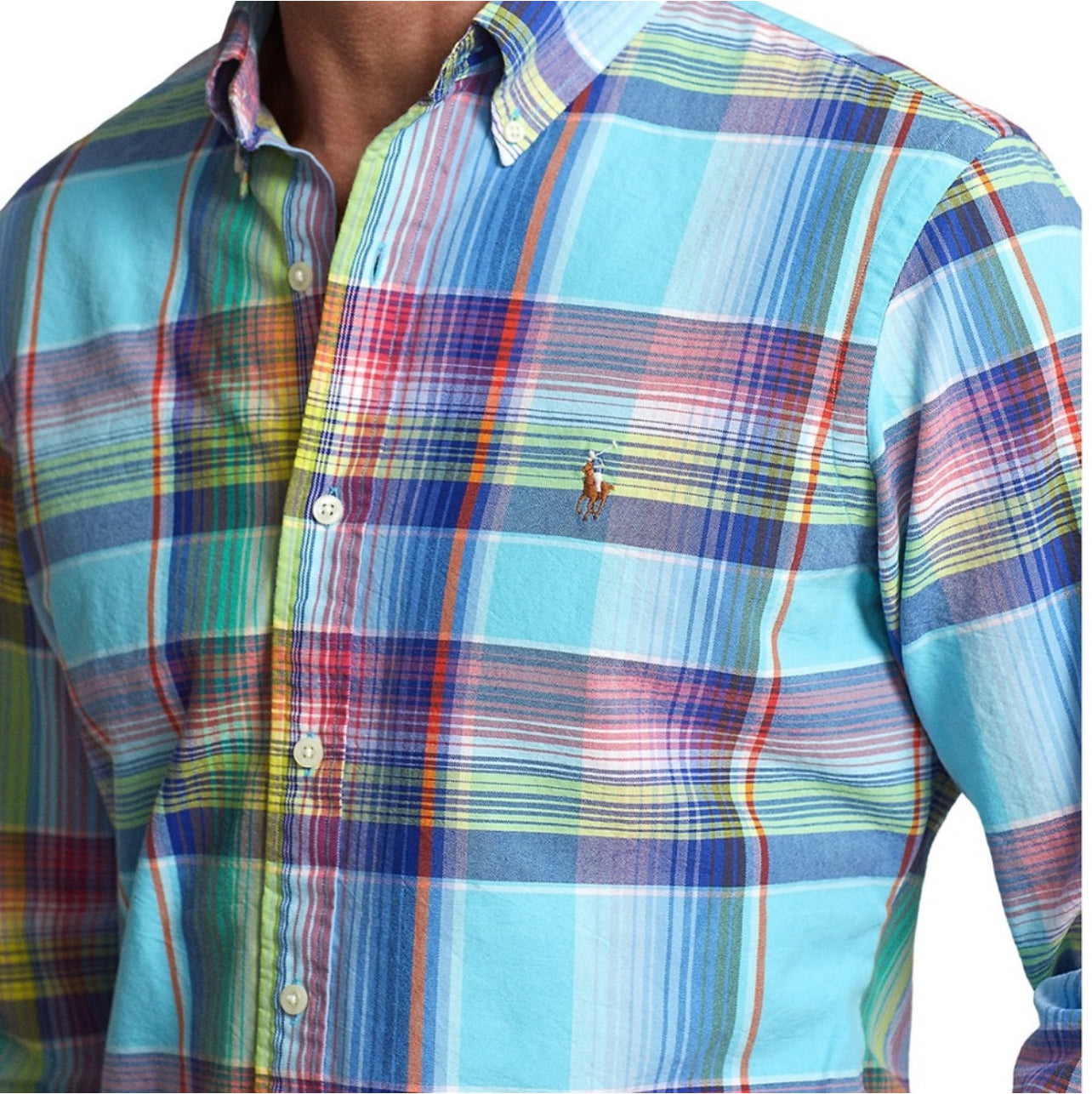 Camisa Polo Ralph Lauren 🏇🏼 Oxford color celeste con patrón de cuadros tartán azul, rojo y verde Talla L Entalle Clásico