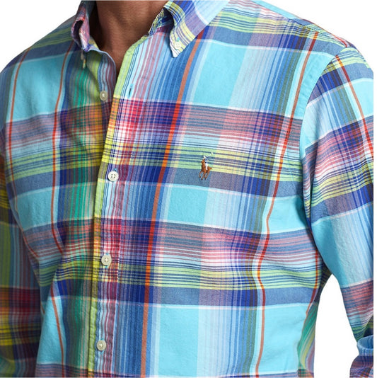 Camisa Polo Ralph Lauren 🏇🏼 Oxford color celeste con patrón de cuadros tartán azul, rojo y verde Talla L Entalle Clásico