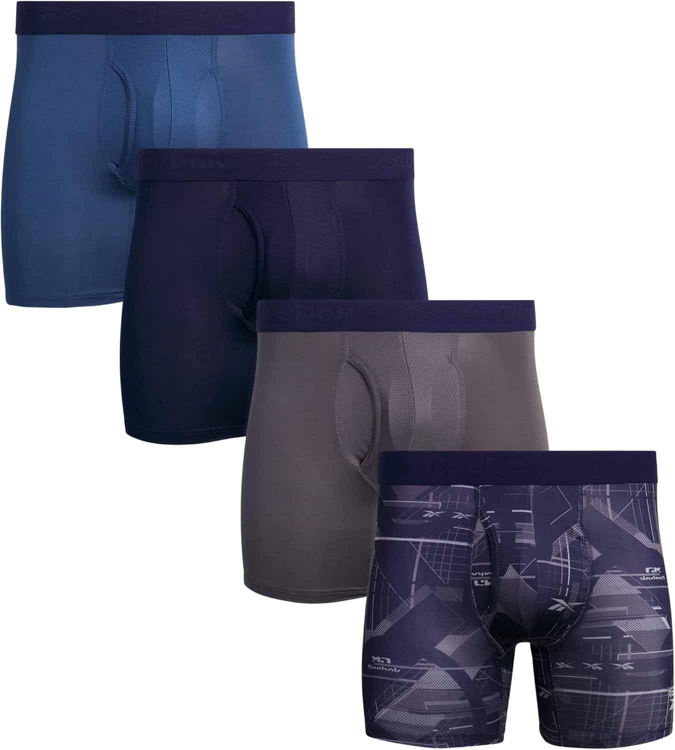 Combo de 4 Boxers Briefs Reebok Tela Performance en color gris, azul, azul navy y estampado Talla M