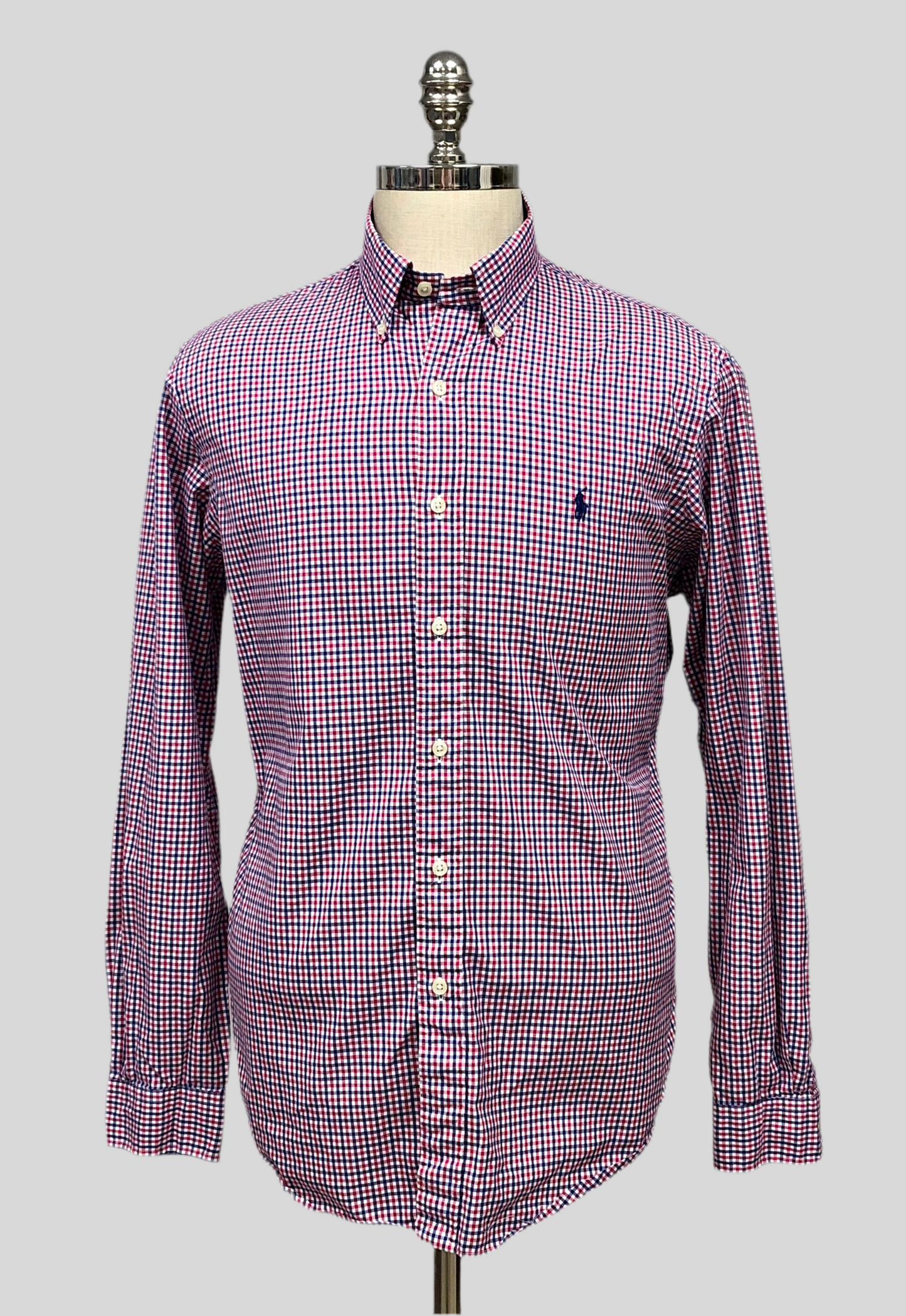 Camisa Polo Ralph Lauren 🏇🏼 Color Blanco con patron de cuadros en color rojo y azul navy Talla M Entalle Slim Fit