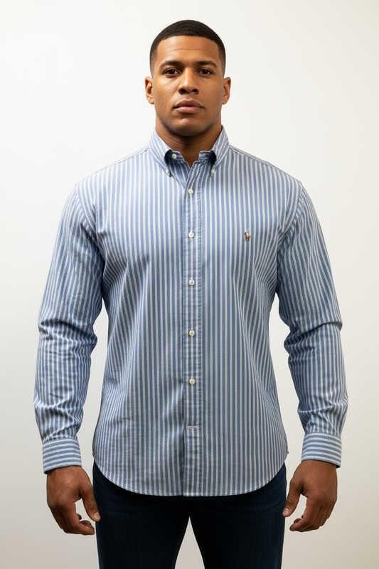 Camisa de botones Polo Ralph Lauren 🏇🏼 Oxford color celeste con rayas en color blanco Talla XL Entalle Regular