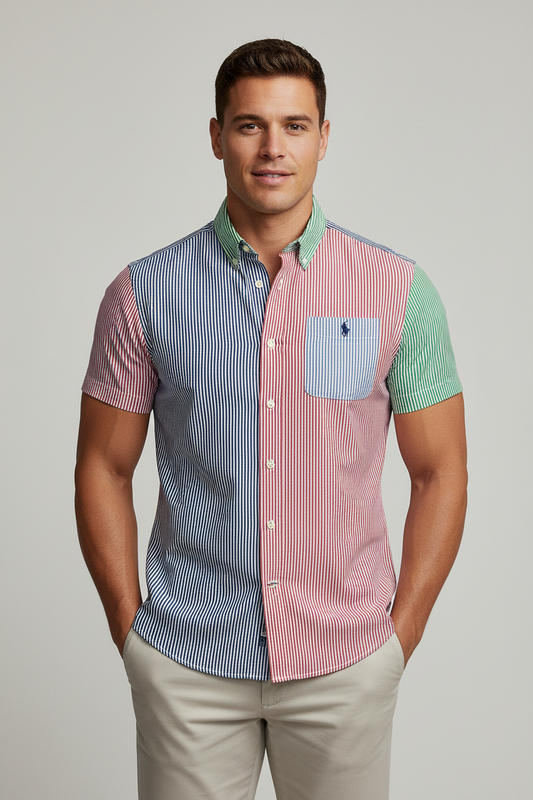 Camisa de botones Polo Ralph Lauren 🏇🏼 Seersucker de rayas en verde claro, rosado y azul Talla L Entalle Regular