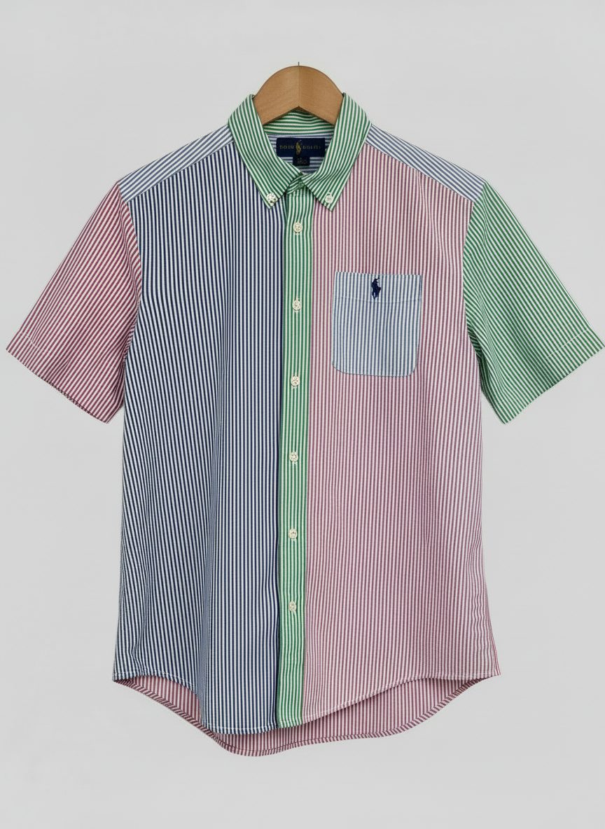 Camisa de niño Polo Ralph Lauren 🏇🏼 Seersucker de rayas en verde claro, rosado y azul Talla L (14-16) Entalle Regular