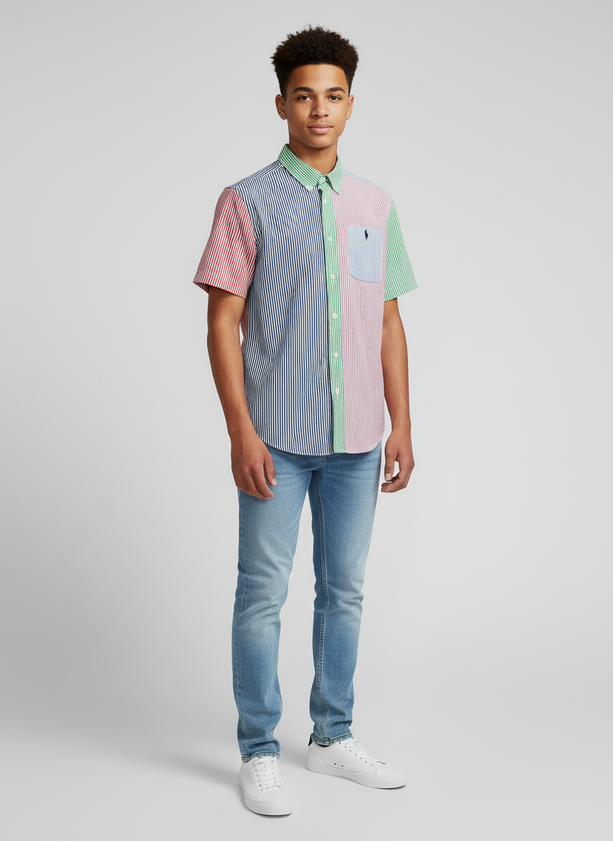 Camisa de niño Polo Ralph Lauren 🏇🏼 Seersucker de rayas en verde claro, rosado y azul Talla L (14-16) Entalle Regular