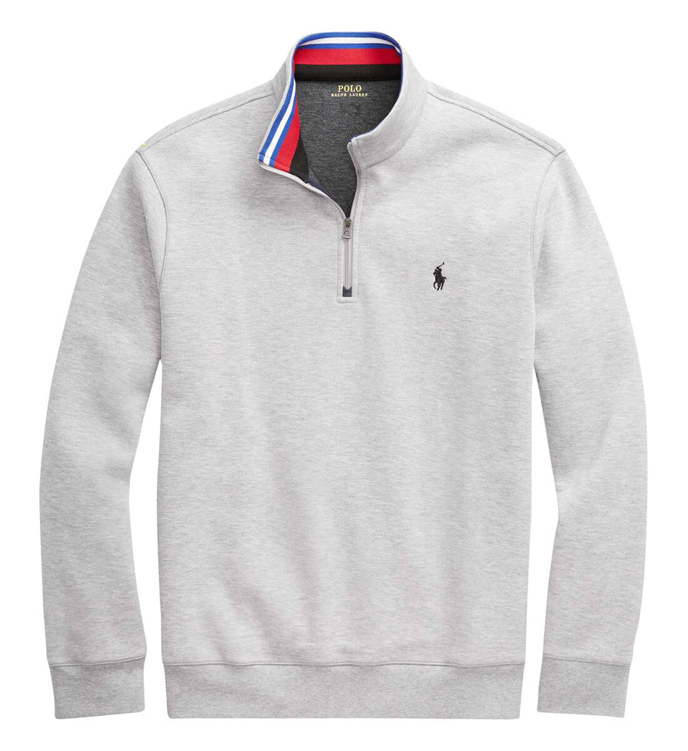 Sueter Jersey Polo Ralph Lauren 🏇🏼 color gris claro con diseño en cuello rojo, blanco y azul Talla L