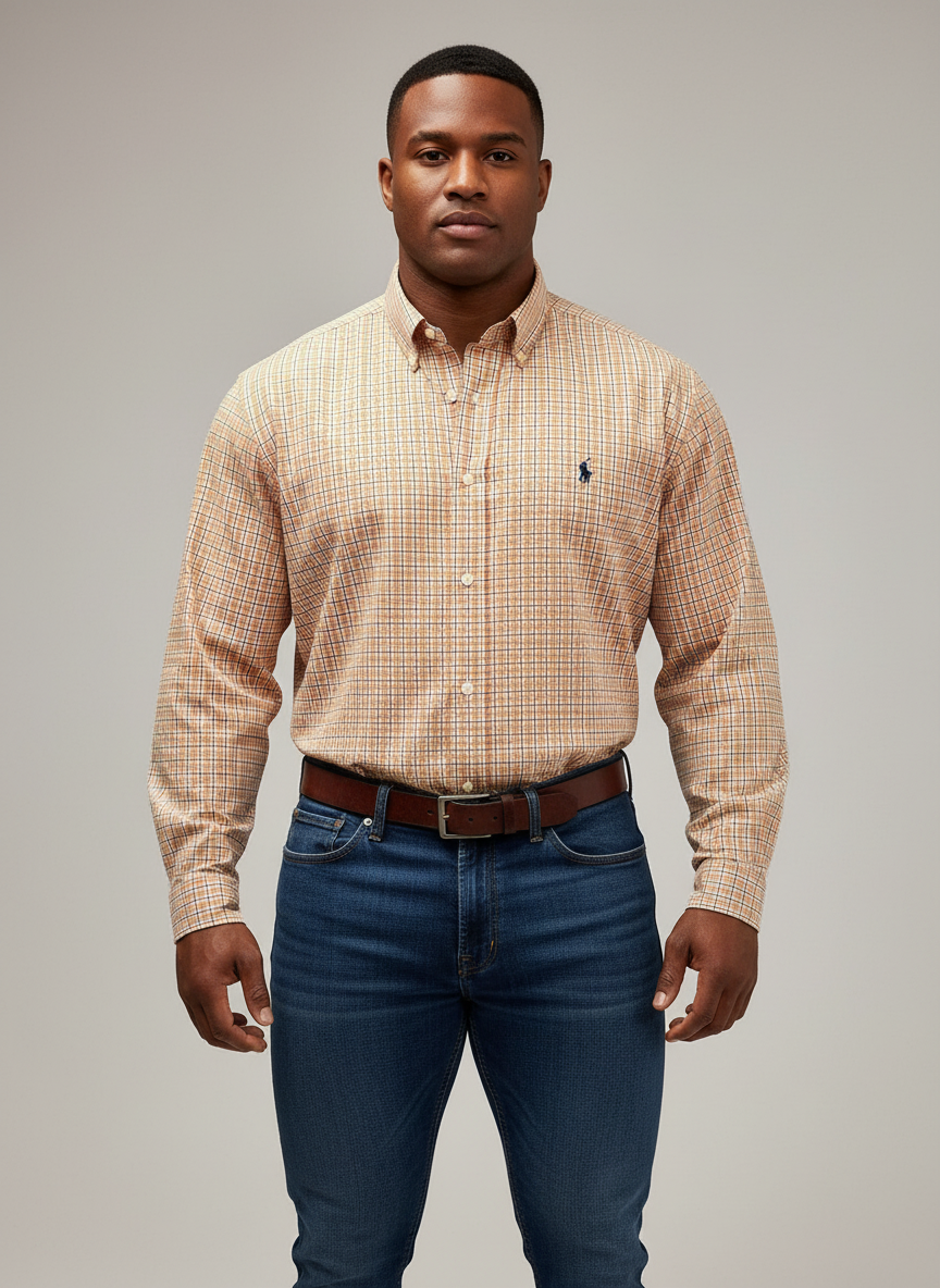 Camisa de botones Polo Ralph Lauren 🏇🏼 De cuadros color naranja, verde, azul y blanco Talla XL Entalle Clásico