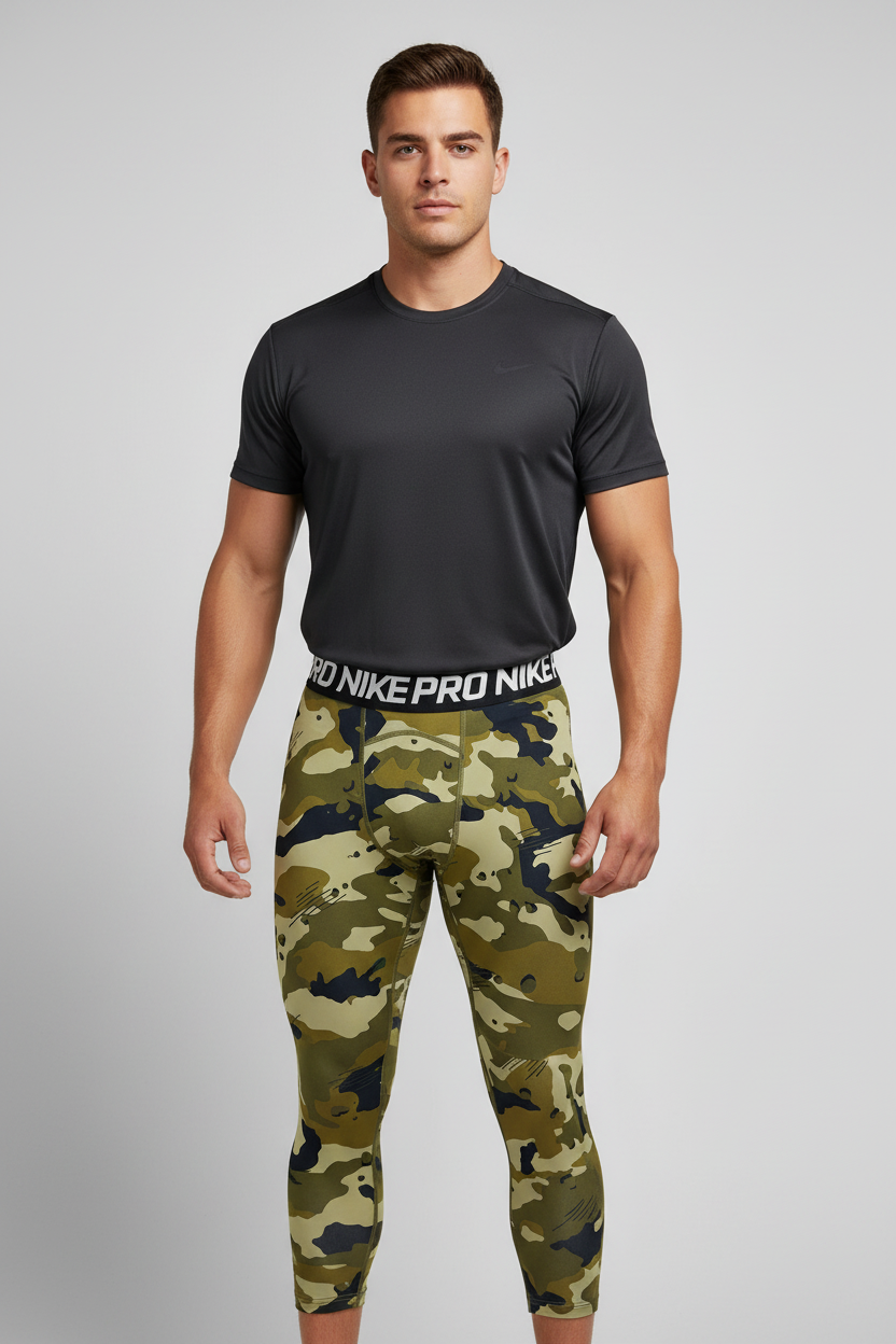 Malla de entrenamiento licra Nike ✔️ Pro HyperCool de 3/4 de largo para hombre De camuflaje en Color verde oliva y negro Talla M