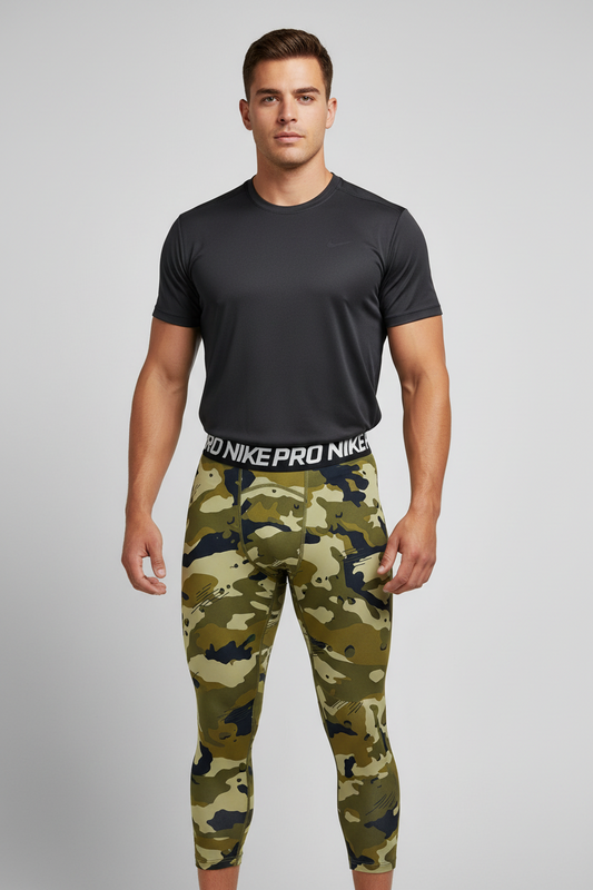 Malla de entrenamiento licra Nike ✔️ Pro HyperCool de 3/4 de largo para hombre De camuflaje en Color verde oliva y negro Talla M