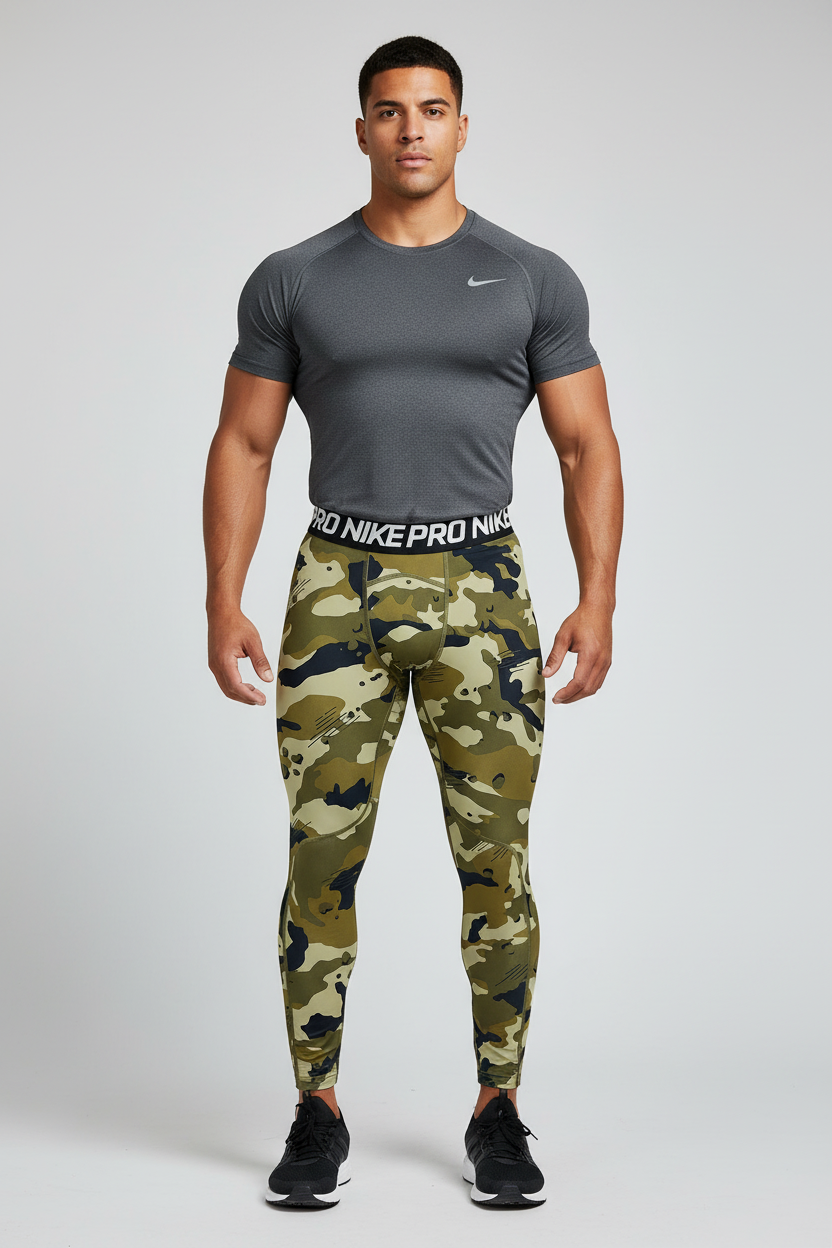 Malla de entrenamiento licra Nike ✔️ Pro HyperCool de 3/4 de largo para hombre De camuflaje en Color verde oliva y negro Talla M