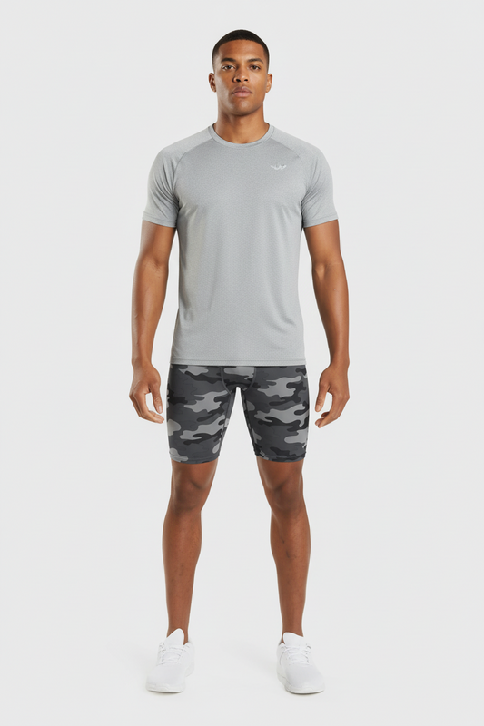 Short Deportivo de compresión Gymshark 🏋🏼‍♂️ Baselayer Tela performance Diseño de camuflaje en color gris y negro talla S, M y L