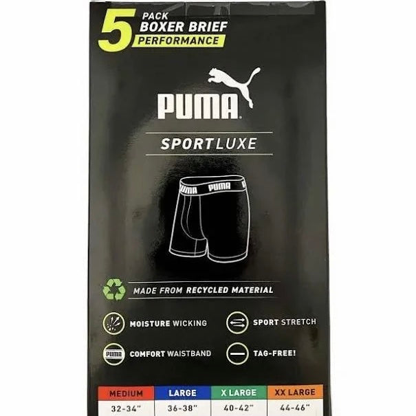 Paquete de 5 Boxers Briefs Puma 🐆 Tela Performance color Negro, azul y gris Talla L