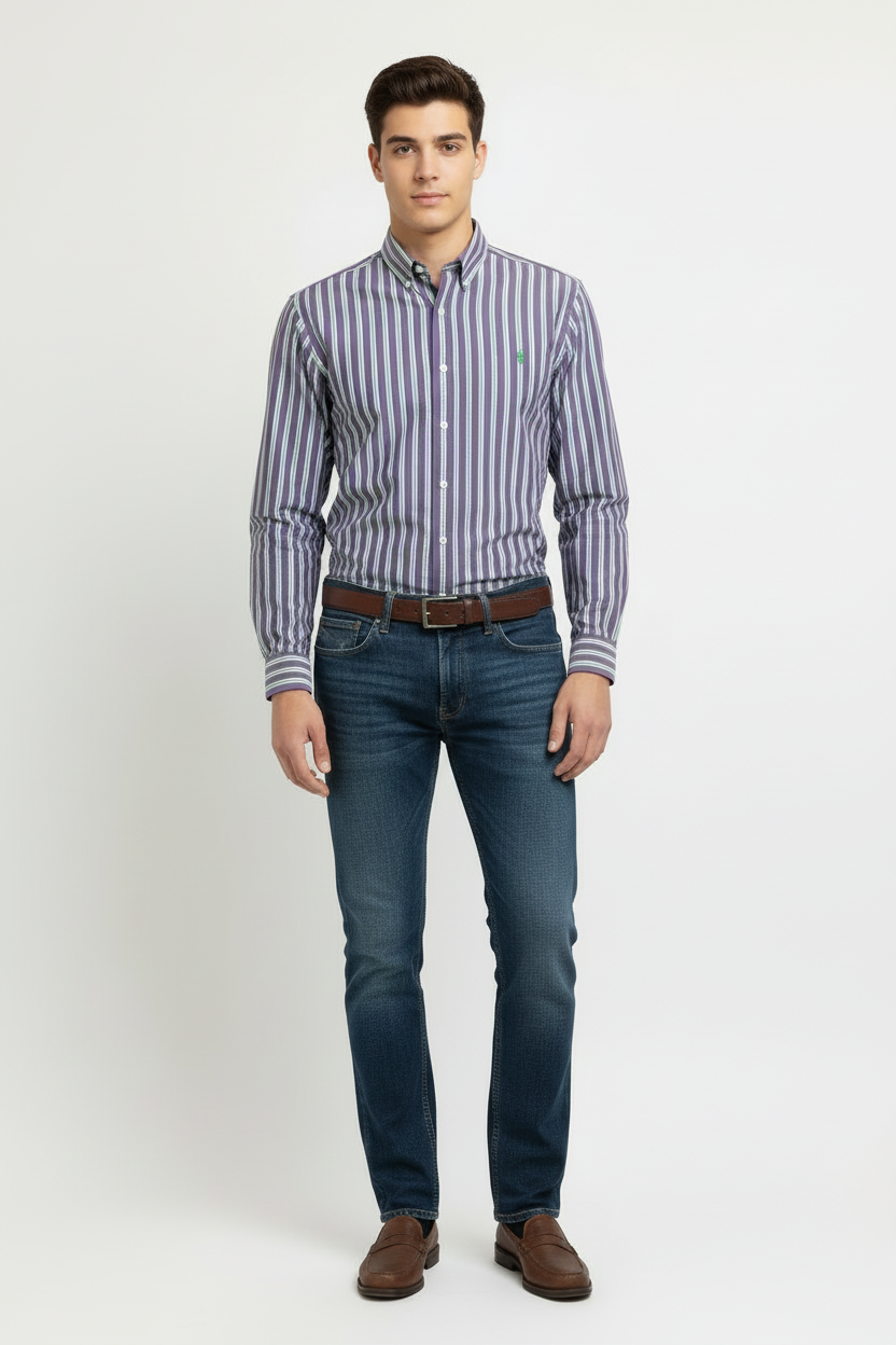 Camisa Polo Ralph Lauren 🏇🏼 color morado patron de rayas en verde y blanco Talla XL (18) de niño Entalle Regular