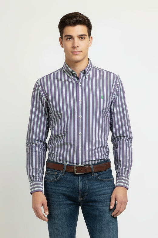 Camisa Polo Ralph Lauren 🏇🏼 color morado patron de rayas en verde y blanco Talla XL (18) de niño Entalle Regular