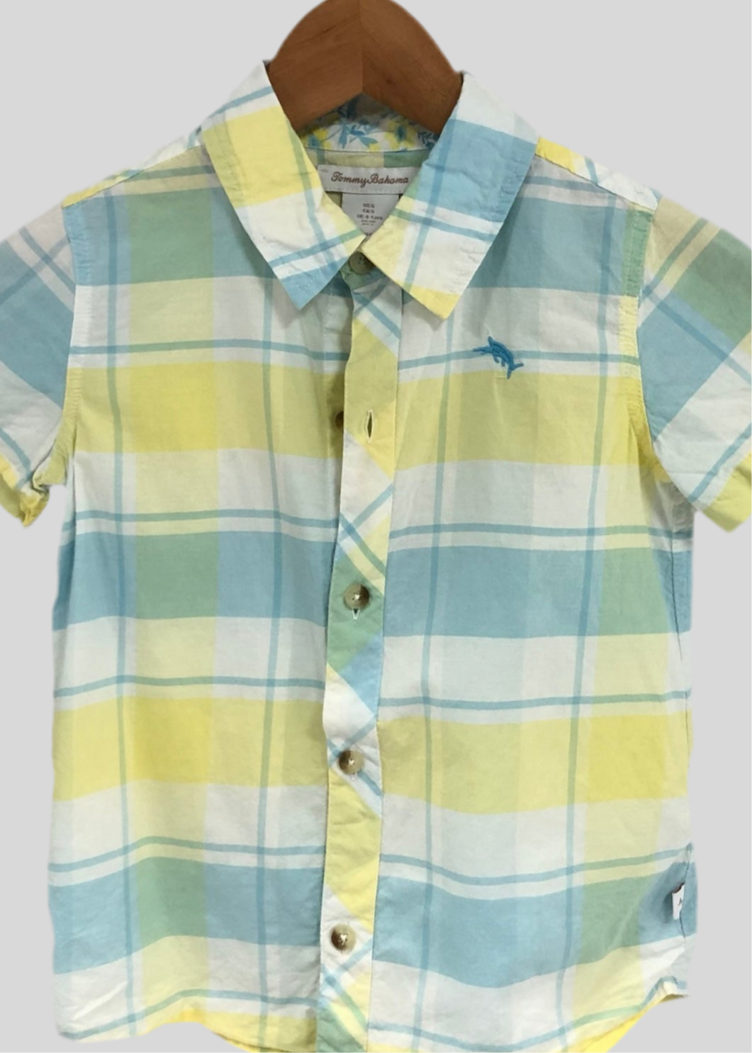 Camisa de niño Tommy Bahama 🌴 con patron de cuadros en celeste, amarillo y blanco Talla 4-5 Entalle Regular