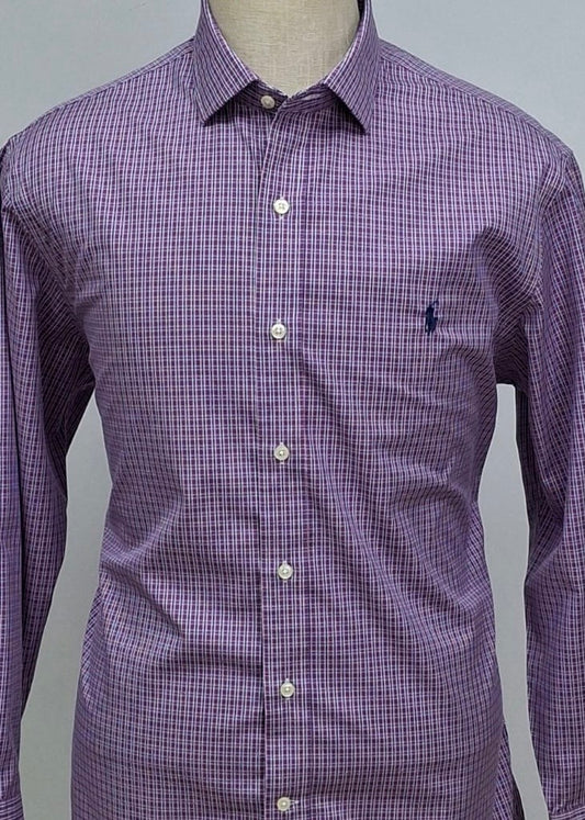 Camisa Polo Ralph Lauren 🏇🏼 color blanco con cuadros morado y azul Talla XL Entalle Slim Fit